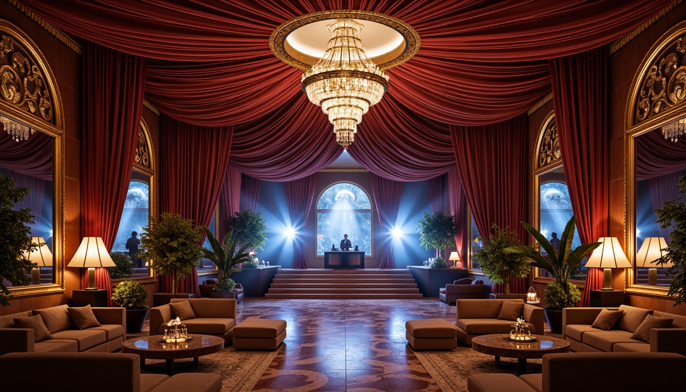 Prompt: Luxurious velvet drapes, gilded ornate mirrors, crystal chandeliers, intricate wooden carvings, lavish furnishings, ornate metalwork, rich jewel-toned color palette, soft warm lighting, shallow depth of field, 3/4 composition, panoramic view, realistic textures, ambient occlusion, grand staircase, marble floors, lavish VIP areas, plush sofas, champagne bars, DJ booths, dance floors, starry night sky, mystical fog effects, dramatic spotlights.