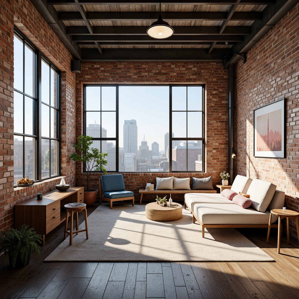 Prompt: Industrial chic loft, exposed brick walls, metal beams, reclaimed wood floors, minimalist decor, urban landscape views, natural light pouring in, airy atmosphere, pastel color accents, creamy whites, deep blues, rich woods, warm metallic tones, soft warm lighting, shallow depth of field, 1/1 composition, realistic textures, ambient occlusion.