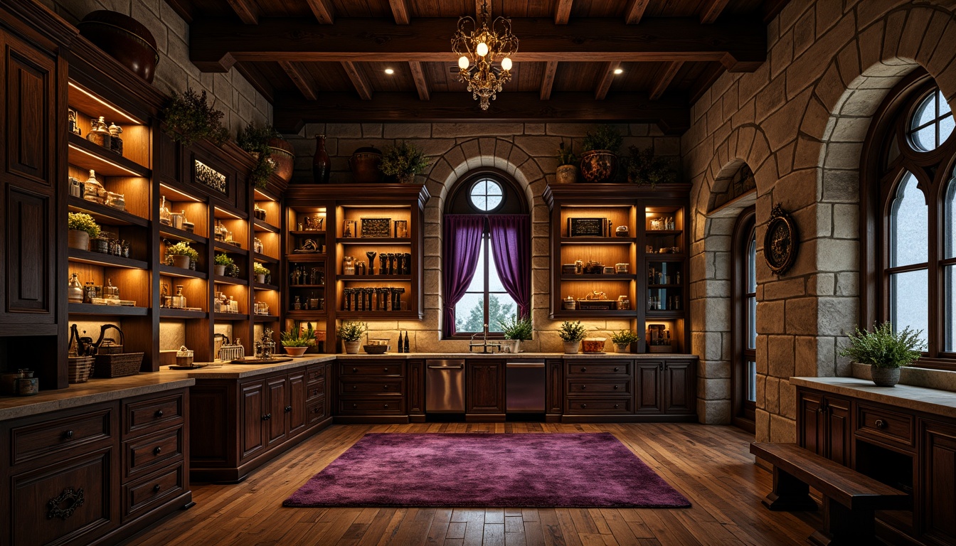 Prompt: Dark wooden cabinetry, ornate carvings, mysterious Gothic arches, grand pantry space, rich wood tones, warm golden lighting, intricate stone walls, medieval-inspired decor, luxurious velvet fabrics, regal purple accents, vintage metal hardware, distressed finishes, rustic wooden floors, dramatic ceiling heights, soft focus, atmospheric lighting, 1/1 composition, cinematic view, realistic textures.