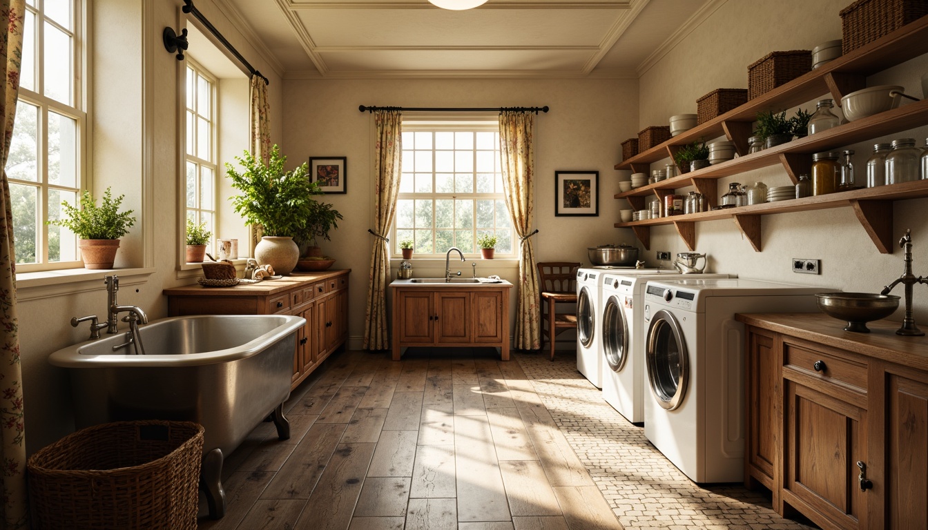 Prompt: Vintage laundry room, distressed wooden floorboards, warm beige tones, woven baskets, antique washing machines, rustic metal tubs, soft natural lighting, creamy white walls, floral patterned curtains, classic ceramic tiles, hexagonal mosaic flooring, ornate metal fixtures, elegant wooden cabinets, decorative apothecary jars, nostalgic ambiance, shallow depth of field, 1/1 composition, warm color palette, realistic textures.