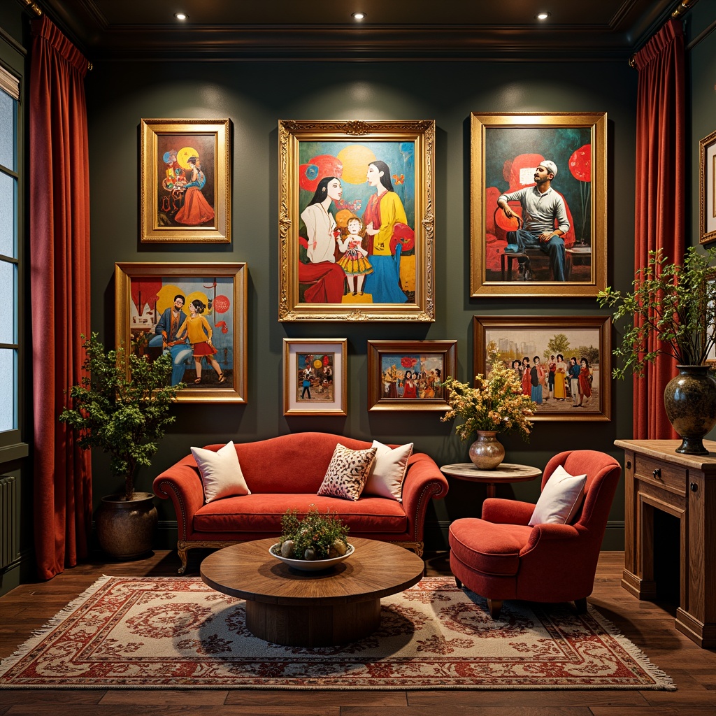 Prompt: Vibrant artwork display, eclectic style interior, ornate gold frames, abstract expressionist paintings, colorful modern sculptures, plush velvet sofas, patterned Moroccan tiles, distressed wooden floors, richly textured rugs, ornamental antique vases, luxurious silk drapes, warm atmospheric lighting, dramatic shadows, 1/1 composition, realistic reflections, detailed textures.