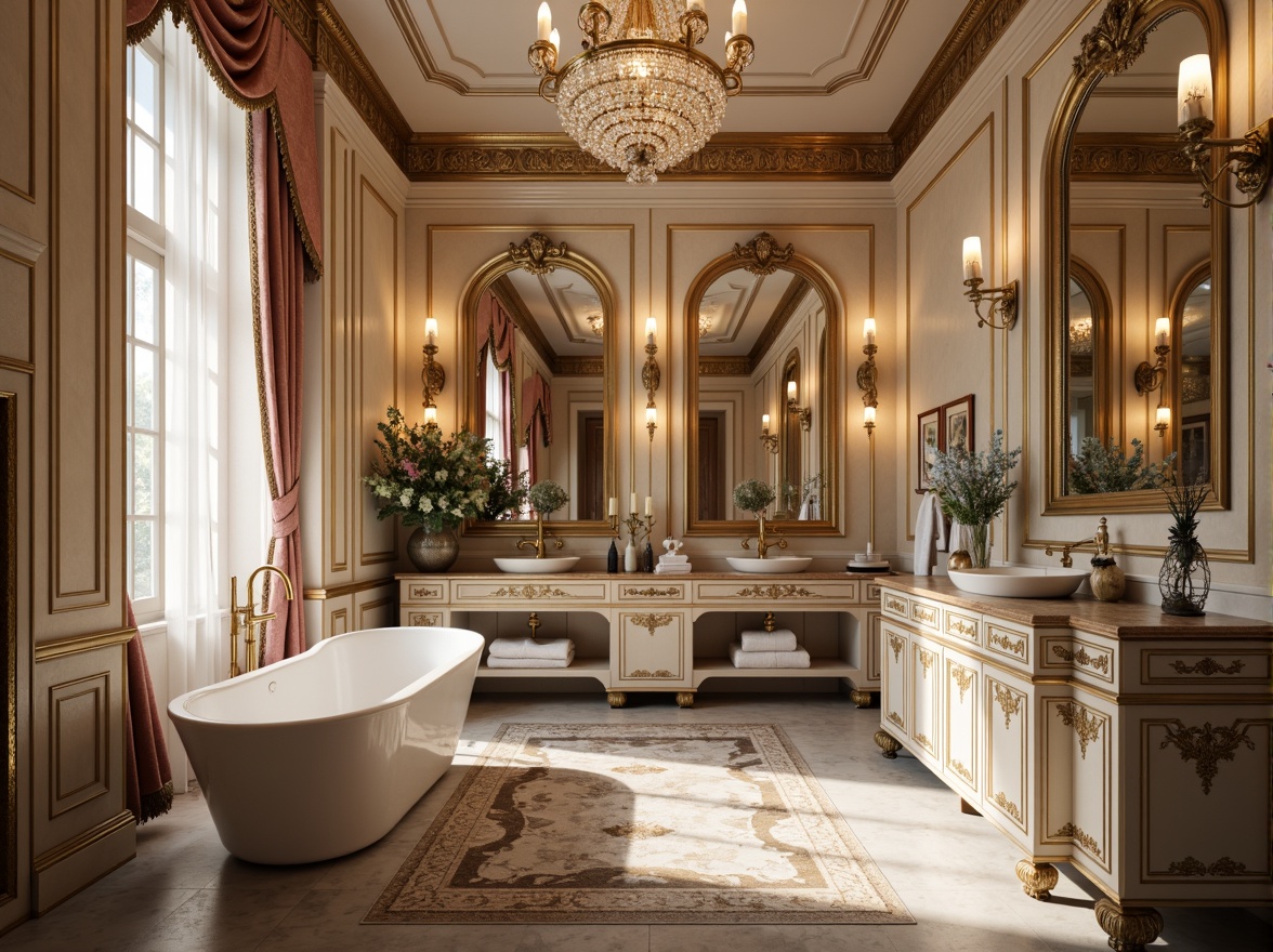 Prompt: Luxurious powder room, rich velvet fabrics, ornate gold accents, soft candlelight, warm beige walls, lavish marble countertops, antique furniture pieces, intricate carvings, subtle Rococo patterns, creamy whites, pale blues, muted pinks, dusty rose hues, warm champagne tones, subtle bronze metallic sheens, delicate lace textures, refined damask prints, opulent crystal chandeliers, dramatic arched mirrors, soft focus, shallow depth of field, 2/3 composition.