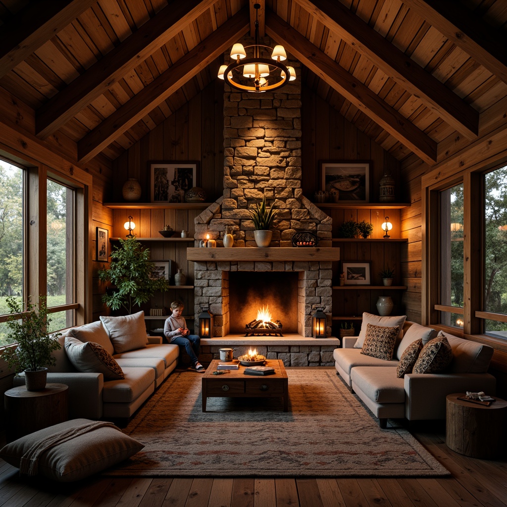 Prompt: Rustic cabin, wooden beams, stone fireplace, warm candlelight, soft lanterns, dimmed pendant lights, cozy ambiance, natural textures, earthy tones, warm color palette, autumn leaves, misty morning, softbox lighting, 1/2 composition, intimate atmosphere, realistic wood grain, ambient occlusion.