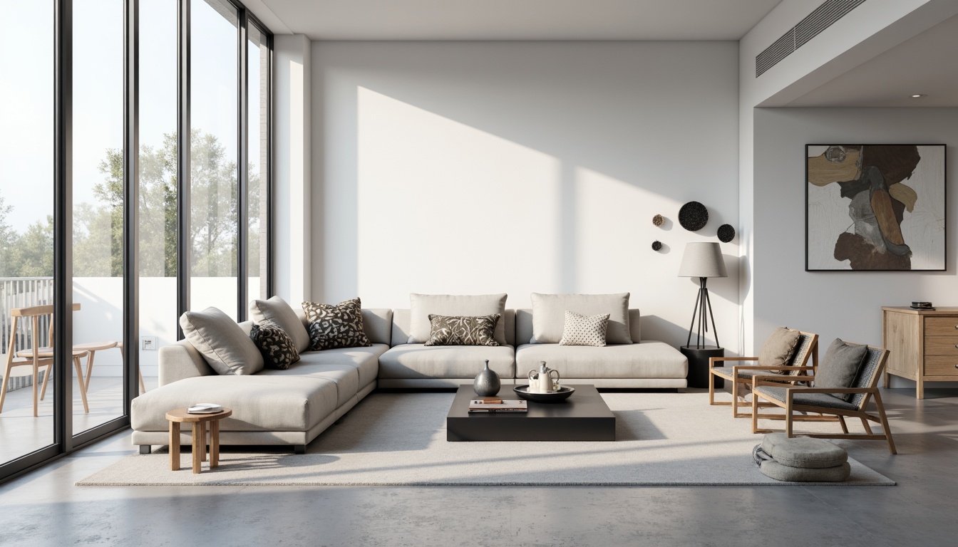 Prompt: Minimalist living room, sleek low-profile sofa, monochromatic color scheme, polished concrete floors, industrial metal coffee table, geometric-shaped decor, Scandinavian-inspired wooden chairs, floor-to-ceiling windows, abundant natural light, airy atmosphere, subtle textures, 1/1 composition, softbox lighting, realistic reflections, ambient occlusion.