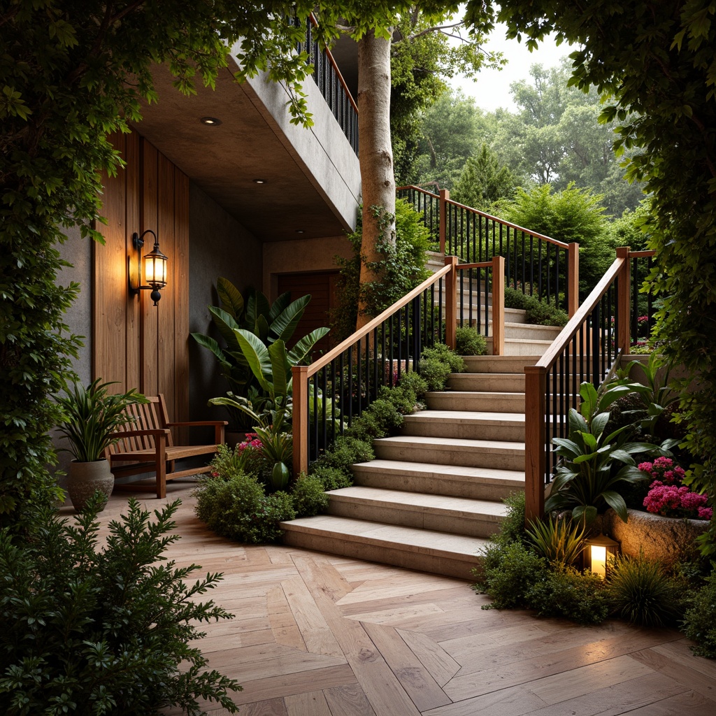 Prompt: Tropical staircase, exotic hardwood rails, ornate metal balusters, lush green walls, vibrant flower arrangements, soft warm lighting, ambient shadows, natural stone steps, polished wood floors, elegant curves, dramatic vertical space, grand entrance, luxurious feel, warm color palette, subtle texture contrast, high-contrast ratio, shallow depth of field, 1/1 composition, realistic reflections, detailed normal maps.