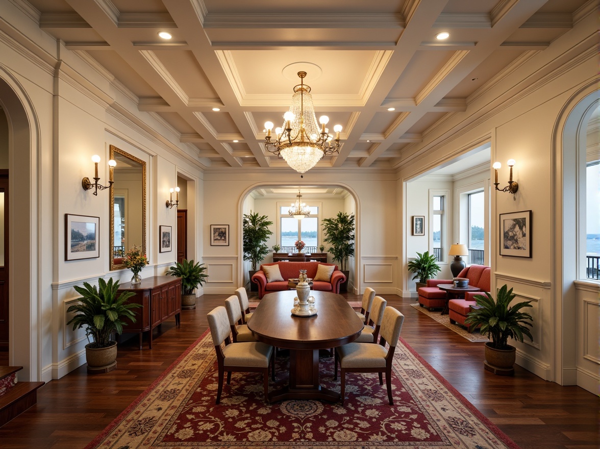 Prompt: Elegant boathouse interior, neoclassical ceiling design, ornate moldings, decorative cornices, grand chandelier, soft warm lighting, creamy white walls, rich wood accents, polished wooden floors, luxurious furnishings, plush velvet upholstery, subtle nautical themes, classic boat-inspired decor, elegant archways, refined coffered ceiling, dramatic high ceilings, lavish crystal fixtures, sophisticated color palette, 1/1 composition, shallow depth of field, realistic textures, ambient occlusion.