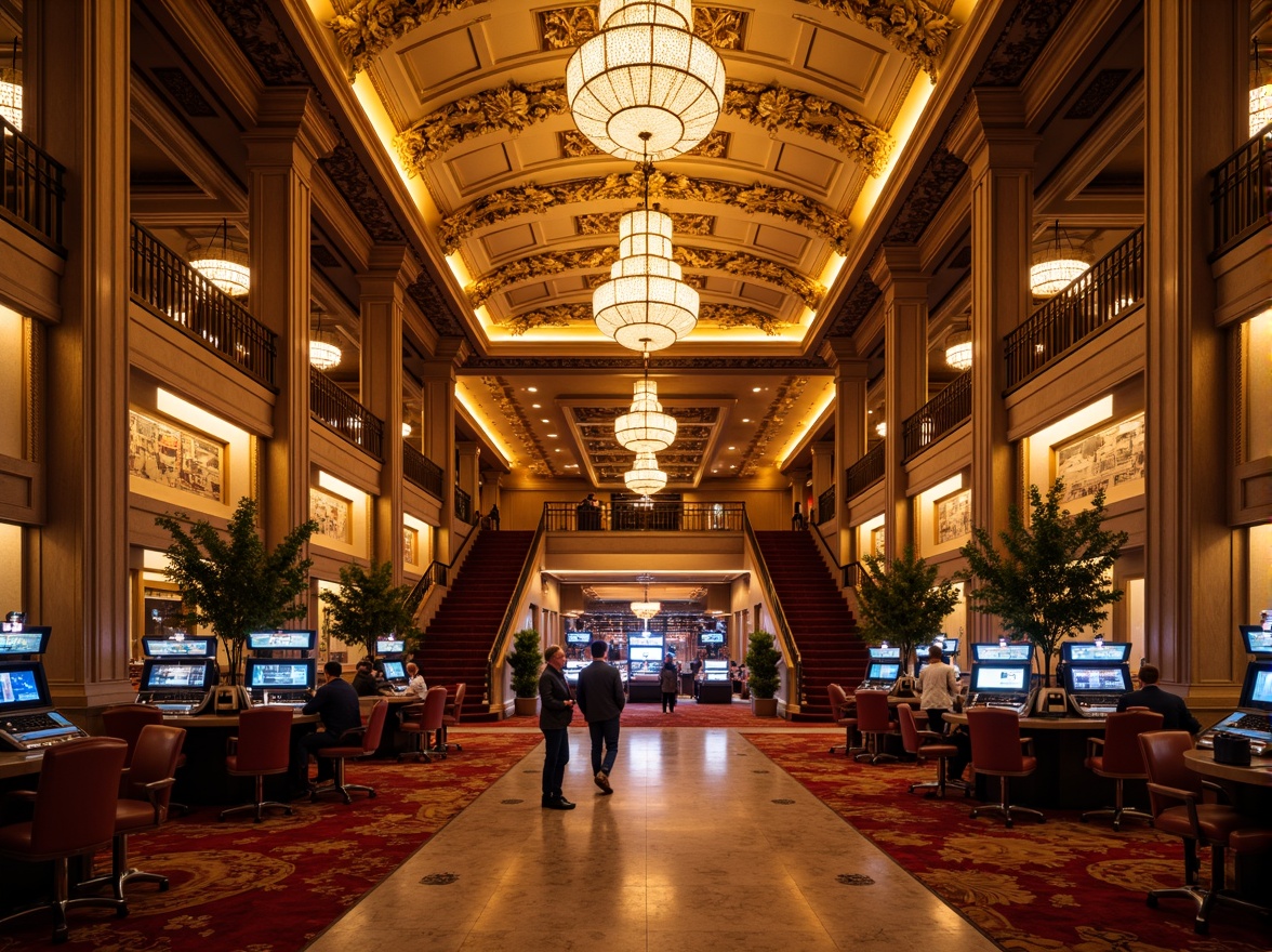 Prompt: Richly ornamented casino interior, luxurious chandeliers, warm golden lighting, soft glow, subtle color gradations, ornate moldings, intricate ceiling details, plush carpets, elegant furnishings, lavish decorations, dramatic staircases, grandiose columns, marble flooring, opulent textures, atmospheric ambient occlusion, 1/2 composition, cinematic lighting, high contrast ratio, richly saturated colors, warm color temperature, inviting atmosphere.