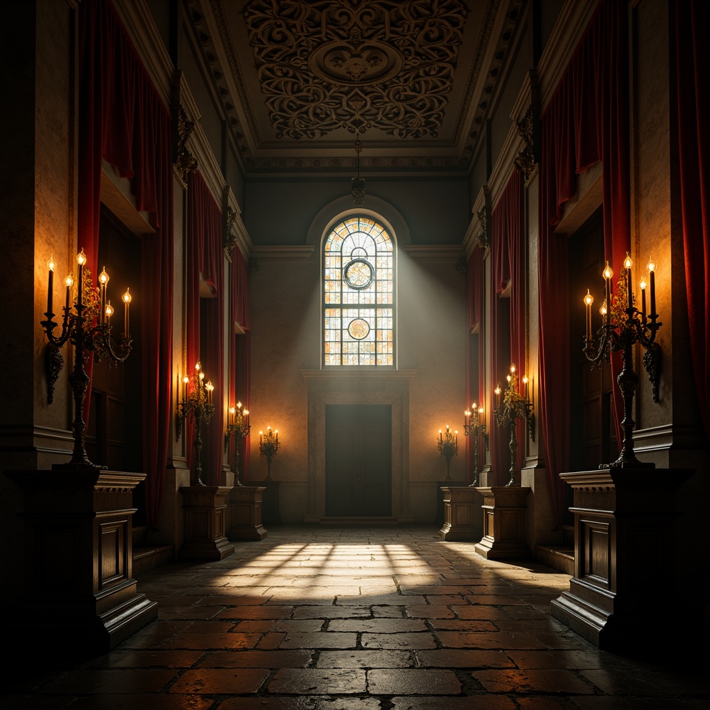 Prompt: Dimly lit grand hall, mysterious shadows, ornate stone carvings, stained glass windows, rich velvet drapes, eerie candelabras, flickering torches, dark wooden paneling, mysterious crypts, secret passages, mystical ambiance, warm golden lighting, dramatic spotlights, atmospheric fog, cinematic composition, 1/1 aspect ratio, high contrast ratio, detailed textures, realistic reflections.