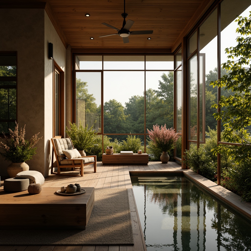 Prompt: Soft warm lighting, serene ambiance, natural daylight, floor-to-ceiling windows, gentle LED illumination, warm color temperature, cozy atmosphere, rustic wooden accents, minimalist decor, organic textures, peaceful surroundings, lush greenery, blooming flowers, calm water features, soft music background, nature-inspired patterns, subtle shadowing, ambient occlusion, 1/1 composition, shallow depth of field, realistic rendering.