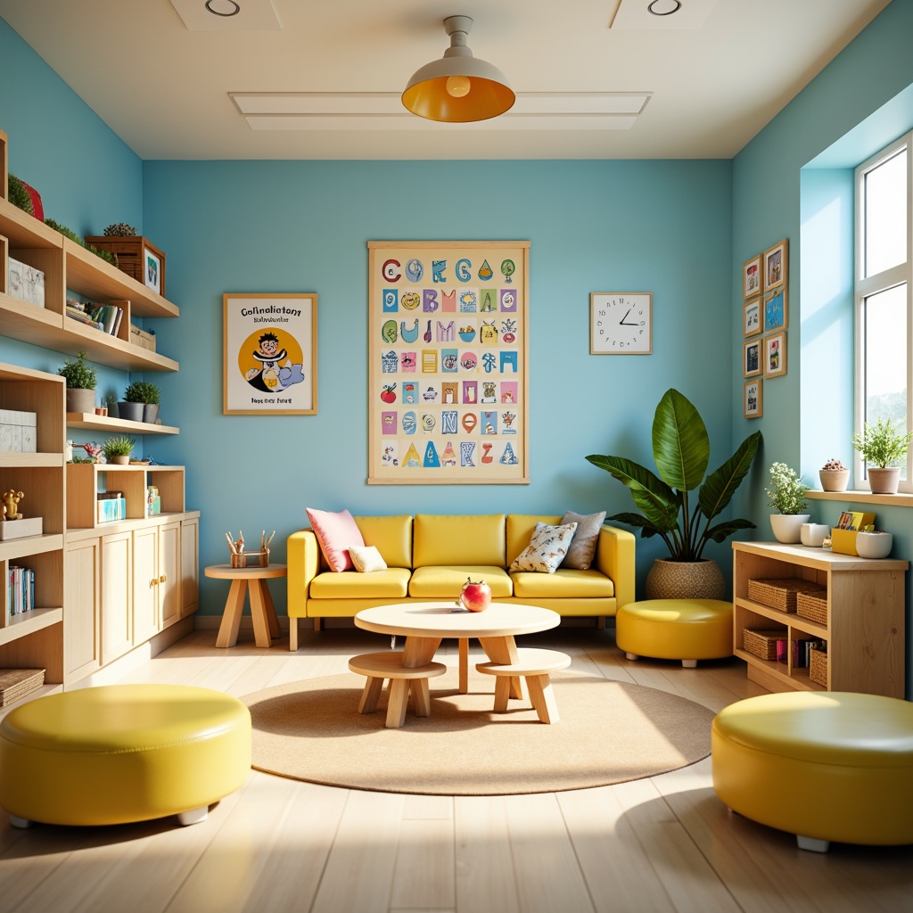 Prompt: Vibrant kindergarten classroom, soft pastel colors, calming blue walls, warm beige floors, playful yellow furniture, educational posters, colorful alphabet letters, whimsical cartoon characters, natural wood accents, cozy reading nooks, comfortable cushions, circular tables, tiny chairs, sunny windows, gentle indirect lighting, shallow depth of field, 1/1 composition, inviting atmosphere, realistic textures, ambient occlusion.