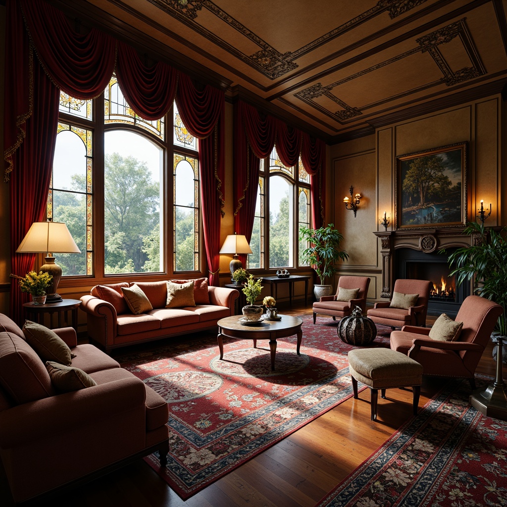 Prompt: Opulent living room, curved lines, organic shapes, ornate metalwork, stained glass windows, velvet upholstery, rich wood tones, flowing drapery, floral patterns, soft warm lighting, shallow depth of field, 1/2 composition, atmospheric perspective, realistic textures, ambient occlusion.