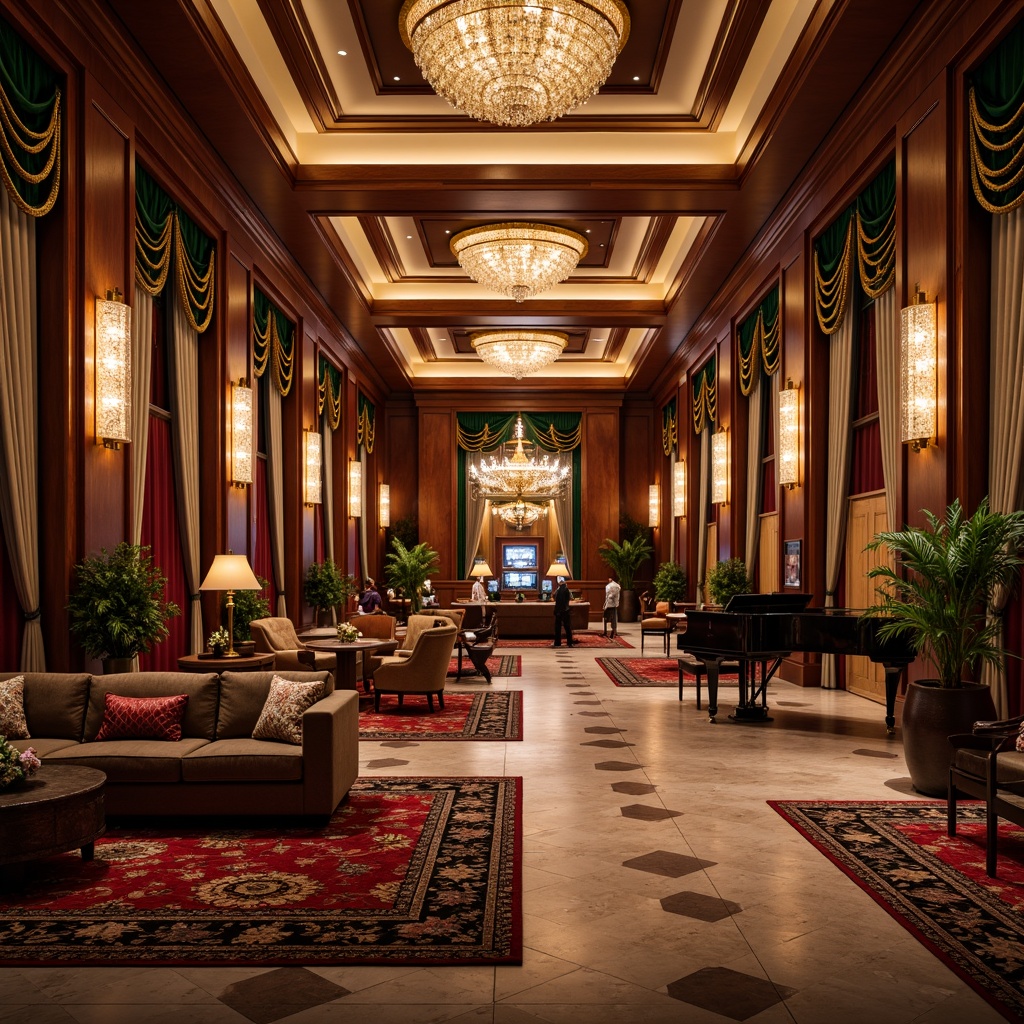 Prompt: Luxurious casino interior, rich wood tones, ornate furnishings, velvet upholstery, golden accents, crystal chandeliers, marble floors, intricate molding, lavish curtains, majestic columns, grand pianos, plush area rugs, sophisticated lighting fixtures, warm ambiance, shallow depth of field, 2/3 composition, realistic textures, ambient occlusion.