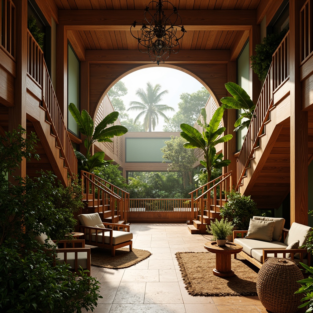 Prompt: Rich wooden banisters, exotic hardwood flooring, lush greenery walls, natural fiber rugs, woven rattan furniture, tropical leaf patterns, vibrant floral arrangements, warm golden lighting, shallow depth of field, 1/1 composition, realistic textures, ambient occlusion, polished metal handrails, intricate carvings, ornate newel posts, grand stairwell, open-air atrium, palm tree surroundings, misty morning atmosphere, soft focus effect.