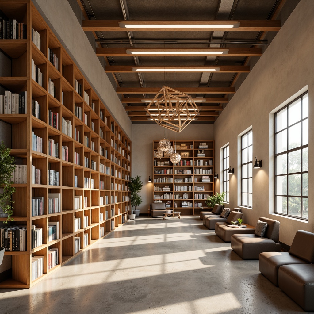 Prompt: Modern library interior, sleek wooden shelves, comfortable reading nooks, stylish lighting fixtures, pendant lamps, LED strip lights, geometric metal chandeliers, minimalist desk lamps, cozy atmosphere, warm beige colors, polished concrete floors, floor-to-ceiling windows, natural daylight, softbox lighting, 1/2 composition, shallow depth of field, realistic textures, ambient occlusion.