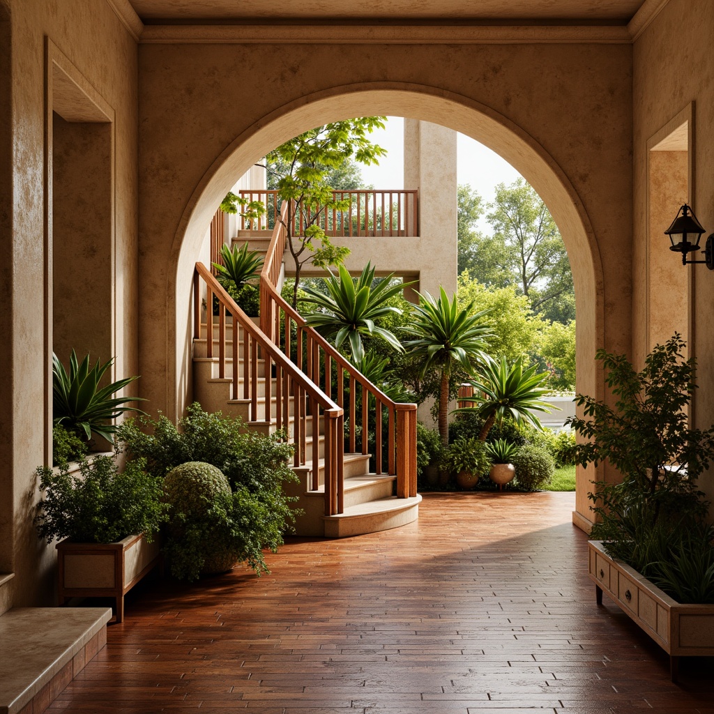 Prompt: Polished wooden handrails, exotic hardwood treads, ornate metal balusters, lush greenery, vibrant floral arrangements, natural stone walls, tropical leaf patterns, warm beige stucco, grand entranceways, sweeping curved lines, dramatic ceiling heights, soft golden lighting, 1/1 composition, realistic textures, ambient occlusion.