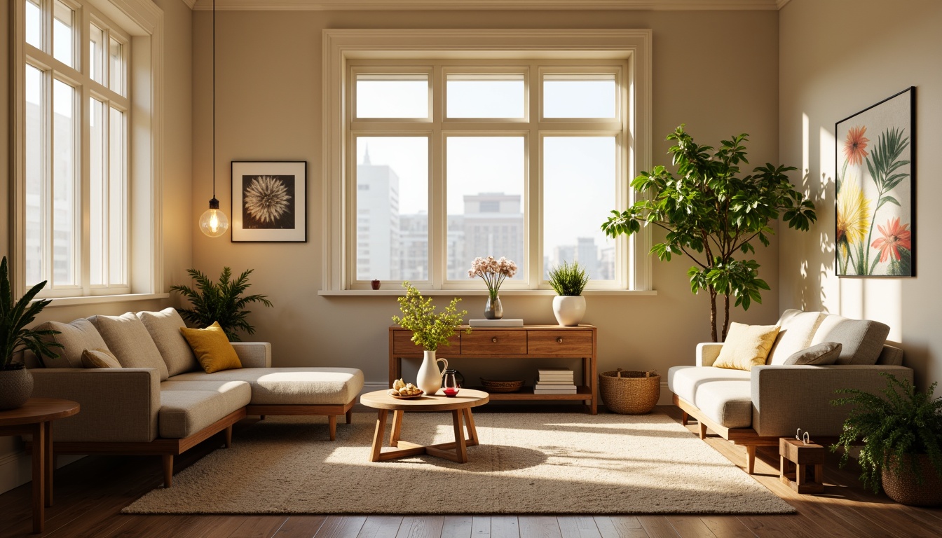 Prompt: Cozy living room, warm ambient lighting, table lamps, floor lamps, pendant lights, ceiling fixtures, soft glowing bulbs, creamy white walls, plush couches, wooden coffee tables, vibrant green plants, morning sunlight, gentle shadows, 1/1 composition, realistic textures, subtle color grading.