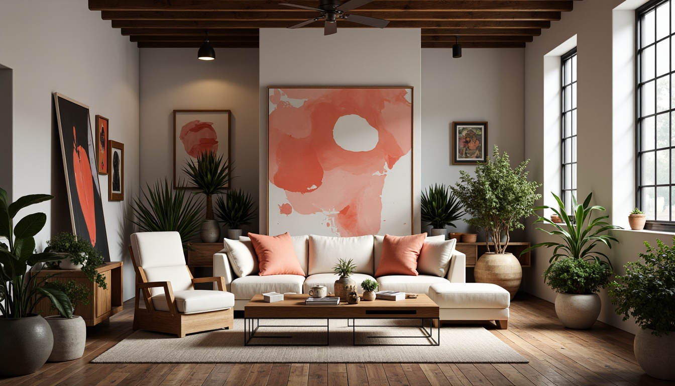 Prompt: Vibrant art studio, eclectic furniture pieces, bold color accents, pastel hues, soft peach tones, creamy whites, rich charcoal grays, natural wood textures, industrial metal frames, geometric patterns, abstract artwork, moody lighting, dramatic shadows, 3/4 composition, cinematic atmosphere, stylized renderings.