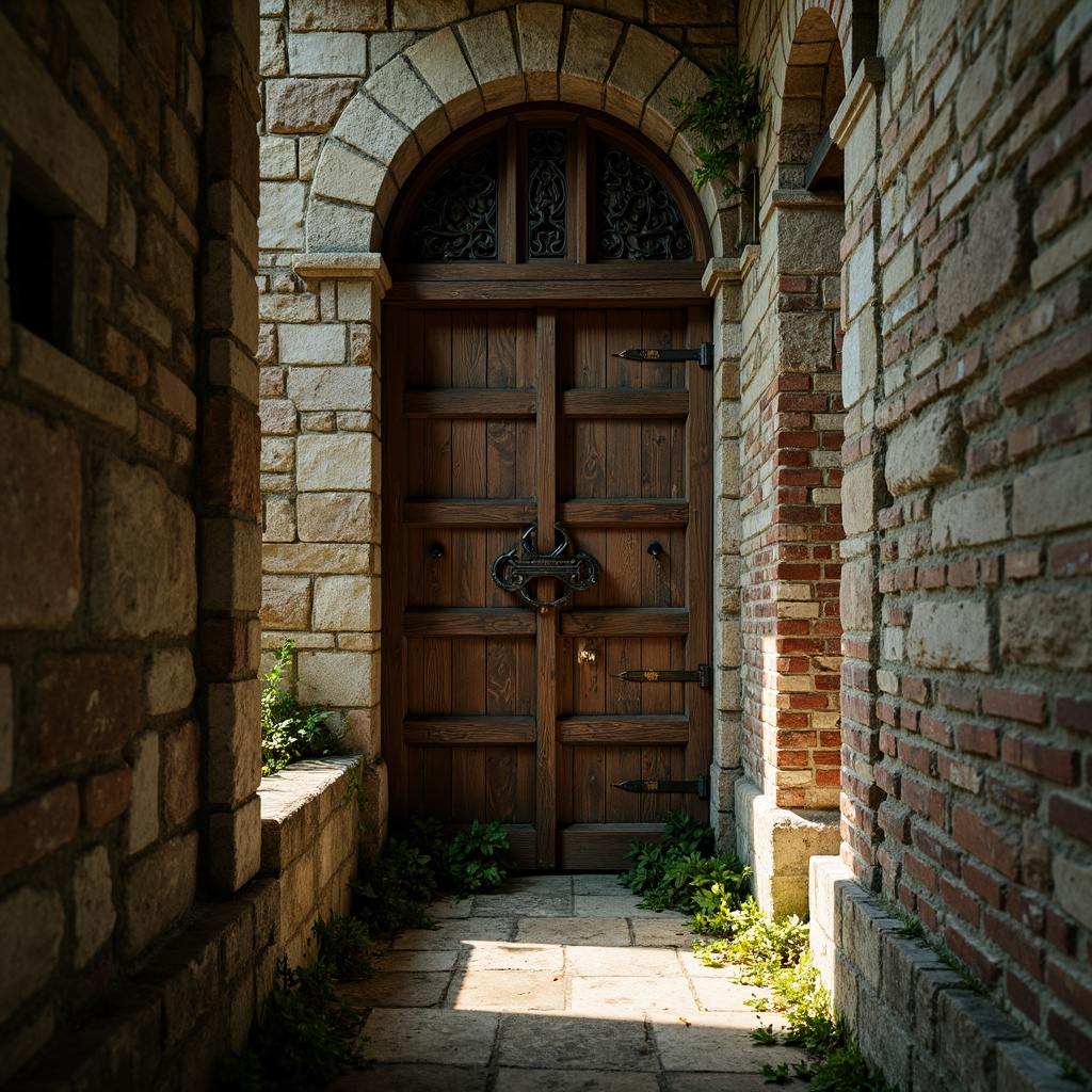 Prompt: Rough stone walls, moss-covered bricks, weathered wooden planks, rusty metal grates, intricate tile patterns, ornate carvings, peeling paint, faded murals, distressed concrete, aged stonework, subtle ambient occlusion, soft warm lighting, shallow depth of field, 3/4 composition, realistic textures, cinematic color grading.