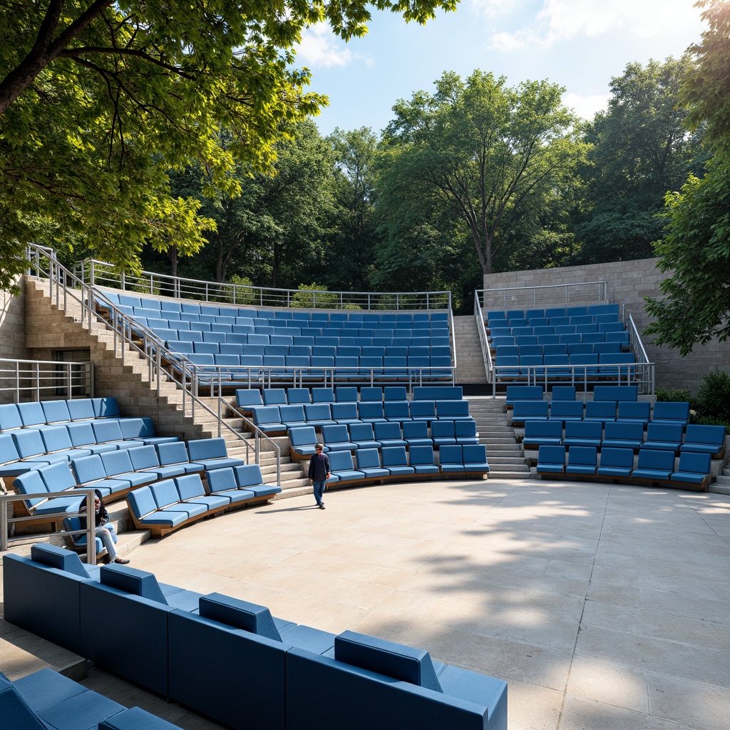 Prompt: Tiered seating, curved rows, vibrant blue seats, sleek metal railings, polished concrete floors, natural stone walls, open-air amphitheater, lush green surroundings, sunny day, warm soft lighting, shallow depth of field, 3/4 composition, panoramic view, realistic textures, ambient occlusion.