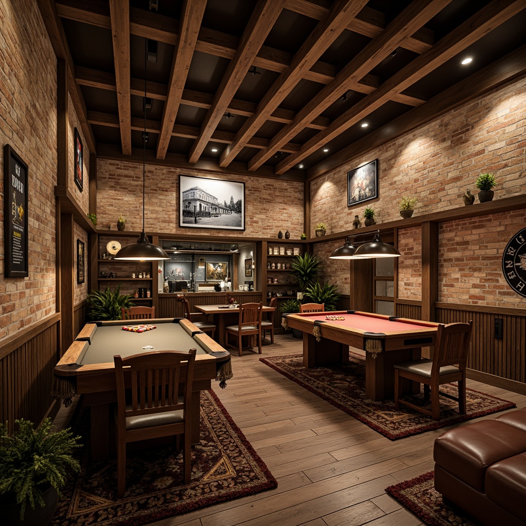 Prompt: Rustic game room, wooden accents, distressed finishes, vintage signs, exposed brick walls, earthy tones, stonework details, cozy atmosphere, dim warm lighting, leather-bound furniture, industrial metal decor, reclaimed wood shelves, nostalgic memorabilia, textured throw blankets, natural fiber rugs, 3/4 composition, shallow depth of field, cinematic color grading, realistic textures, ambient occlusion.