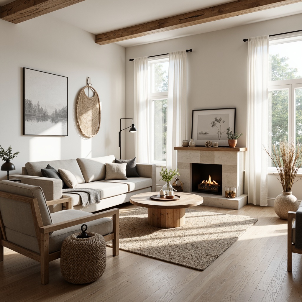 Prompt: Light-filled Nordic living room, wooden flooring, blonde wood accents, natural textures, woven fibers, minimalist decor, monochromatic color scheme, creamy whites, soft grays, earthy browns, organic shapes, simplicity emphasis, functionality focus, cozy atmosphere, warm ambiance, candlelight glow, rustic wooden furniture, linen upholstery, jute rug, geometric patterns, subtle ornamentation, neutral tone palette, airy feel, abundant natural light, shallow depth of field, 1/1 composition, realistic textures.