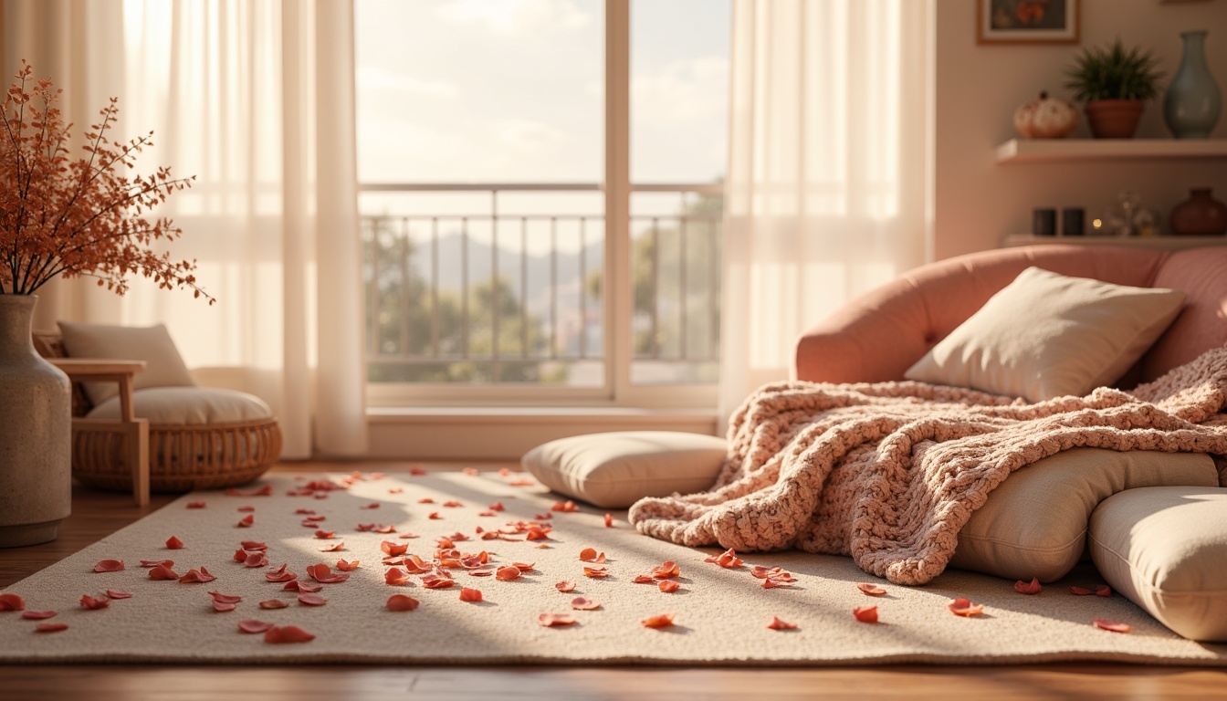 Prompt: Soft rose hues, calming atmosphere, warm beige tones, gentle peach undertones, creamy whites, muted coral accents, delicate petal textures, subtle golden lighting, shallow depth of field, 1/1 composition, intimate setting, cozy throw blankets, plush cushions, natural wood furniture, vintage decorative items, romantic ambiance, serene morning light, gentle breezes.