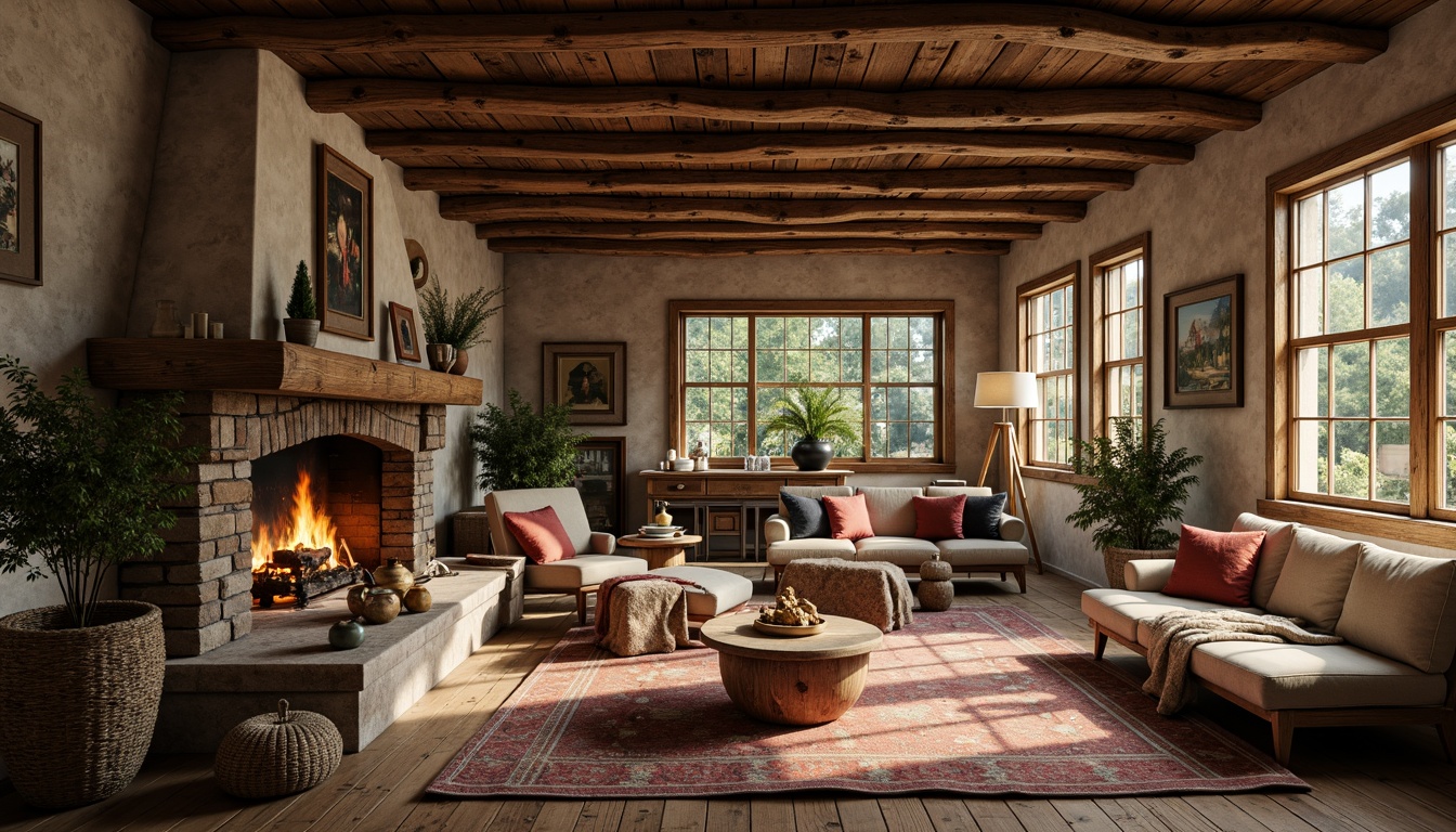 Prompt: Rustic farmhouse, vintage decorations, distressed wood accents, earthy color palette, natural stone foundations, exposed beam ceilings, wooden flooring, plush furnishings, cozy fireplaces, soft warm lighting, shallow depth of field, 3/4 composition, panoramic view, realistic textures, ambient occlusion.