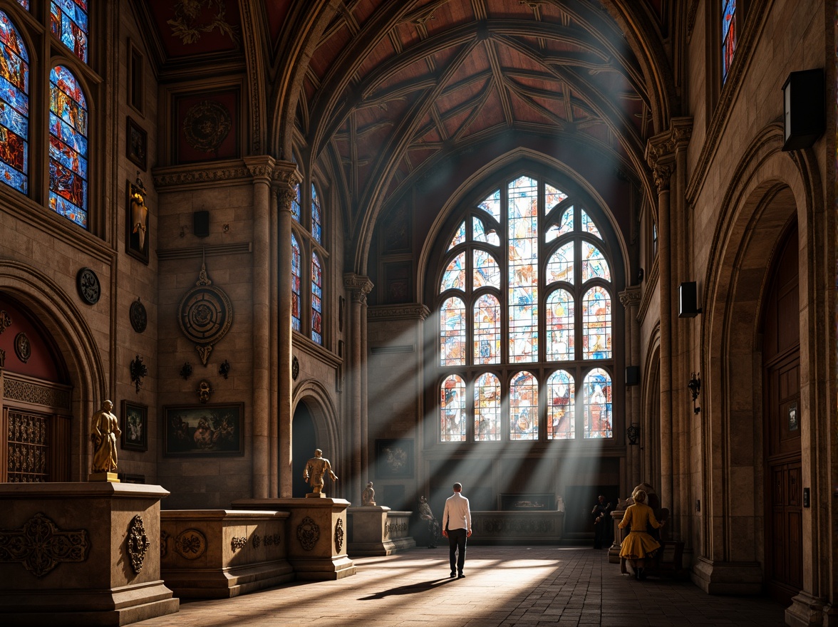 Prompt: Intricate stone carvings, ornate wooden panels, vibrant stained glass windows, majestic vaulted ceilings, grandiose archways, mystical symbols, abstract figurative sculptures, expressive dramatic lighting, warm earthy tones, rustic natural textures, mysterious ambient fog, 1/2 composition, low-key soft focus, cinematic atmosphere, realistic weathering effects.