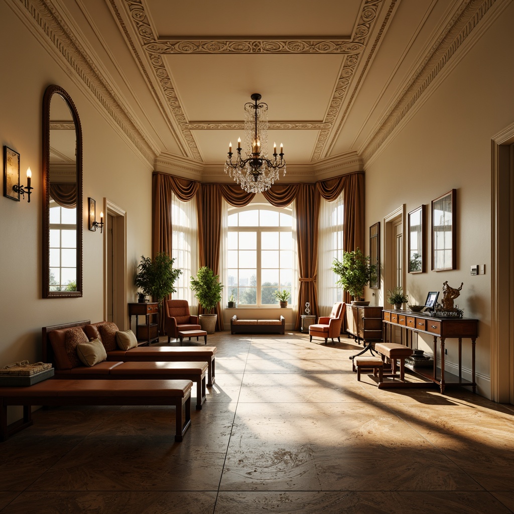 Prompt: Elegant home gym, neoclassical architectural style, cream-colored walls, ornate moldings, crystal chandeliers, warm golden lighting, floor-to-ceiling windows, natural daylight, soft shadows, rustic wooden floors, vintage exercise equipment, leather-bound benches, rich velvet drapes, subtle aromatherapy, calming ambiance, dramatic spotlights, high-contrast lighting, 2/3 composition, realistic textures, ambient occlusion.