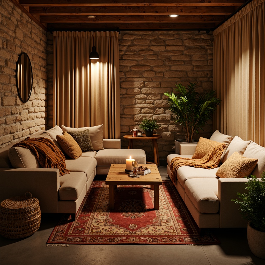 Prompt: Cozy basement retreat, warm earthy tones, plush area rugs, comfortable sectional sofas, oversized pillows, rustic wooden coffee tables, vintage metal lamps, soft candlelight, natural stone walls, reclaimed wood accents, warm beige curtains, textured throw blankets, woven baskets, potted greenery, ambient dim lighting, shallow depth of field, 2/3 composition, inviting atmosphere.