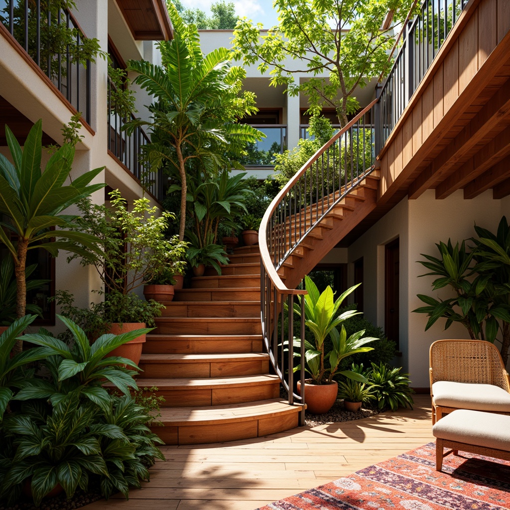 Prompt: Tropical staircase, rich wood tones, ornate metal railings, curved banisters, lush greenery, exotic flowers, warm sunny lighting, natural stone walls, wooden flooring, modern minimalist design, sleek handrails, stainless steel accents, glass balusters, intricate carvings, organic shapes, vibrant colorful textiles, woven rattan furniture, ambient occlusion, shallow depth of field, 3/4 composition, realistic textures.