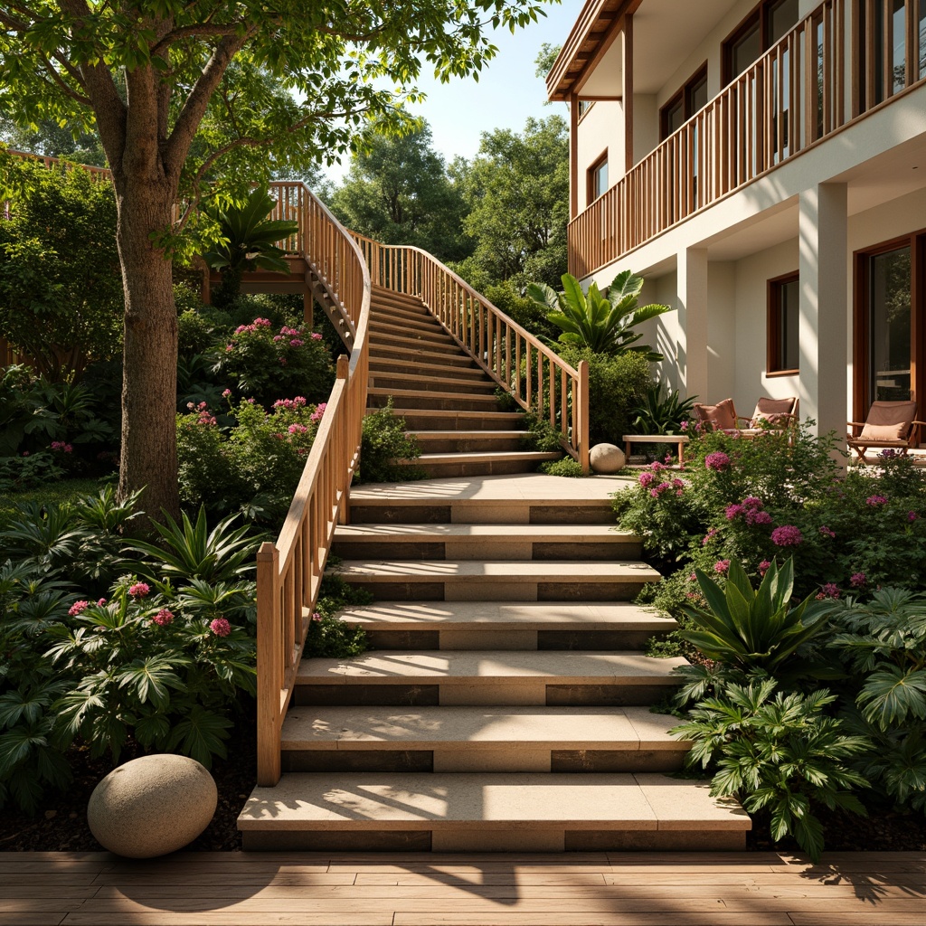 Prompt: Tropical staircase, exotic wood balusters, curved handrail, ornate metalwork, lush greenery, vibrant flowers, natural stone steps, wooden flooring, open risers, minimalist design, warm sunny day, soft warm lighting, shallow depth of field, 3/4 composition, panoramic view, realistic textures, ambient occlusion.