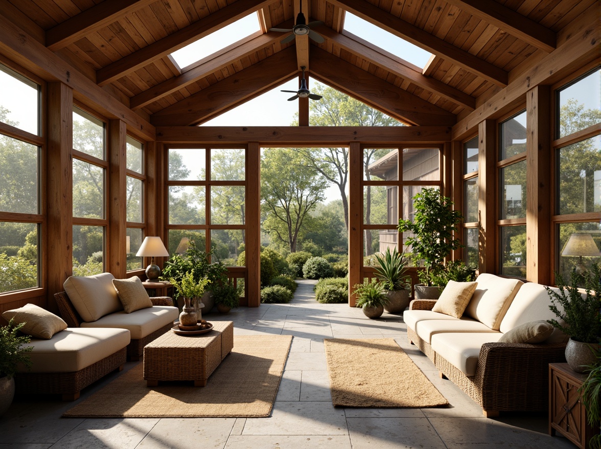 Prompt: Warm and inviting sunroom, craftsman style wooden beams, large skylights, clerestory windows, natural stone flooring, plush area rugs, comfortable wicker furniture, soft cushions, earthy color palette, abundant greenery, potted plants, vintage decorative accents, rustic metal lighting fixtures, warm golden lighting, shallow depth of field, 1/2 composition, realistic textures, ambient occlusion.