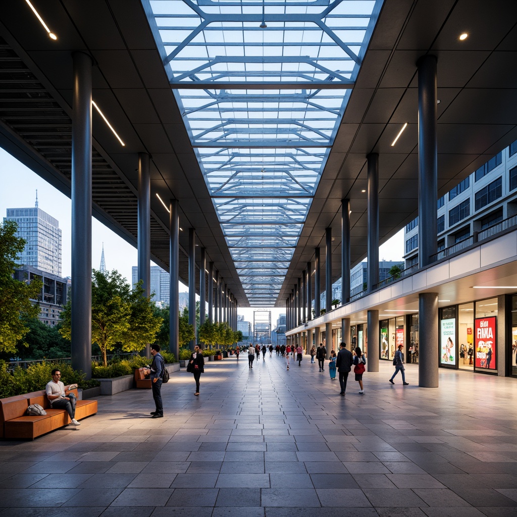 Prompt: Academic metro station, modern architectural design, sleek steel columns, polished concrete floors, LED lighting systems, geometric tile patterns, futuristic glass roofs, urban cityscape views, busy pedestrian traffic, rush hour atmosphere, vibrant color schemes, abstract art installations, dynamic digital displays, wayfinding signage, stainless steel handrails, minimalist seating areas, green walls with living plants, natural stone accents, ambient soft lighting, shallow depth of field, 1/2 composition, realistic textures, ambient occlusion.