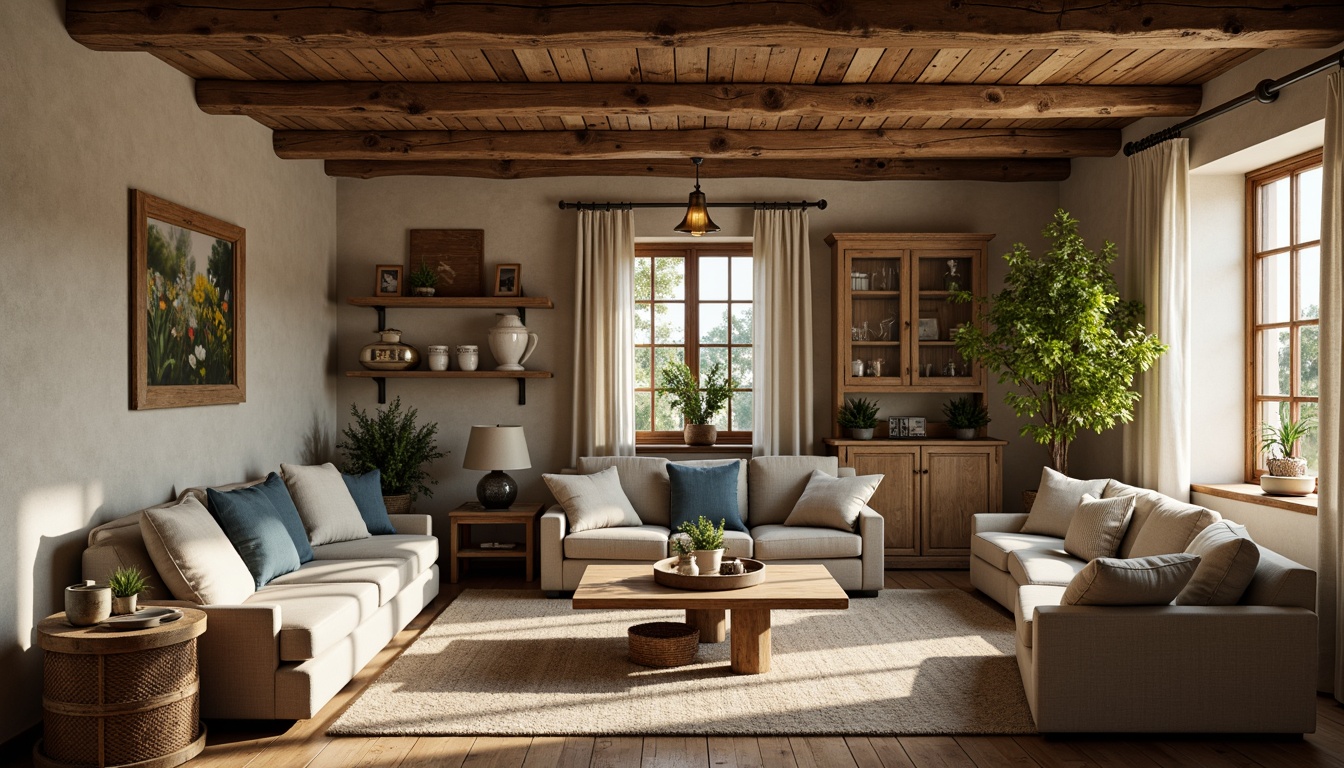 Prompt: Rustic farmhouse interior, earthy tones, weathered wood accents, distressed finishes, vintage decor, natural textures, warm beige walls, soft cream ceilings, rich brown furniture, pops of sky blue, muted greenery, woven baskets, antique metalware, reclaimed wooden beams, cozy candlelight, subtle shadows, 1/2 composition, intimate atmosphere, realistic renderings.