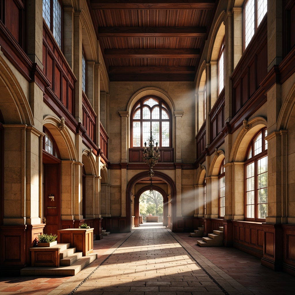 Prompt: Rustic university buildings, traditional architectural style, warm earthy tones, rich wood accents, deep crimson reds, muted golden yellows, soft creamy whites, weathered stone walls, ornate Gothic details, stained glass windows, classic collegiate atmosphere, natural light pouring in, subtle texture overlays, realistic material rendering, atmospheric fog effects, cinematic composition, 1/2 camera angle, warm soft focus.