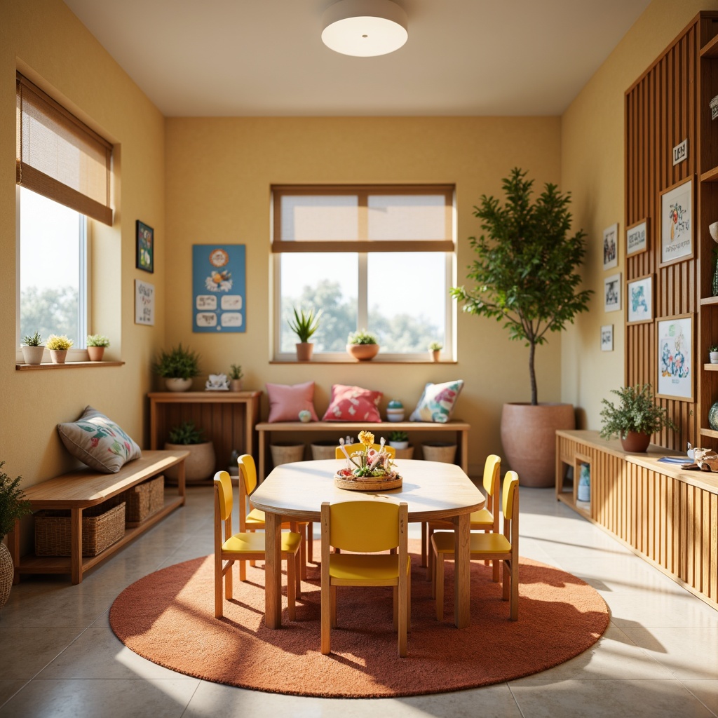 Prompt: Warm kindergarten atmosphere, wooden tables, colorful chairs, plush cushions, soft rugs, vibrant wall art, educational posters, interactive displays, natural wood accents, woven baskets, cozy reading nooks, comfortable pillows, rounded edges, pastel colors, soft warm lighting, shallow depth of field, 1/1 composition, realistic textures, ambient occlusion.