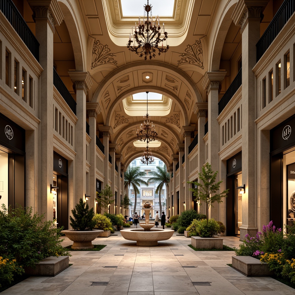 Prompt: Grand archways, ornate columns, intricately carved facades, rustic stone walls, vaulted ceilings, elegant chandeliers, polished marble floors, ornamental fountains, lush greenery, vibrant flowers, upscale retail stores, luxury brand logos, sophisticated signage, warm soft lighting, shallow depth of field, 3/4 composition, panoramic view, realistic textures, ambient occlusion.