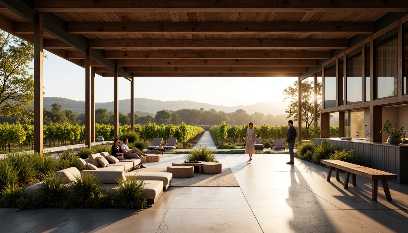 Prompt: Rustic winery, industrial chic, reclaimed wood accents, steel beams, polished concrete floors, minimalist decor, large glass windows, natural light pouring in, vineyard views, rolling hills, lush greenery, warm sunny day, soft golden lighting, 1/1 composition, shallow depth of field, realistic textures, ambient occlusion.