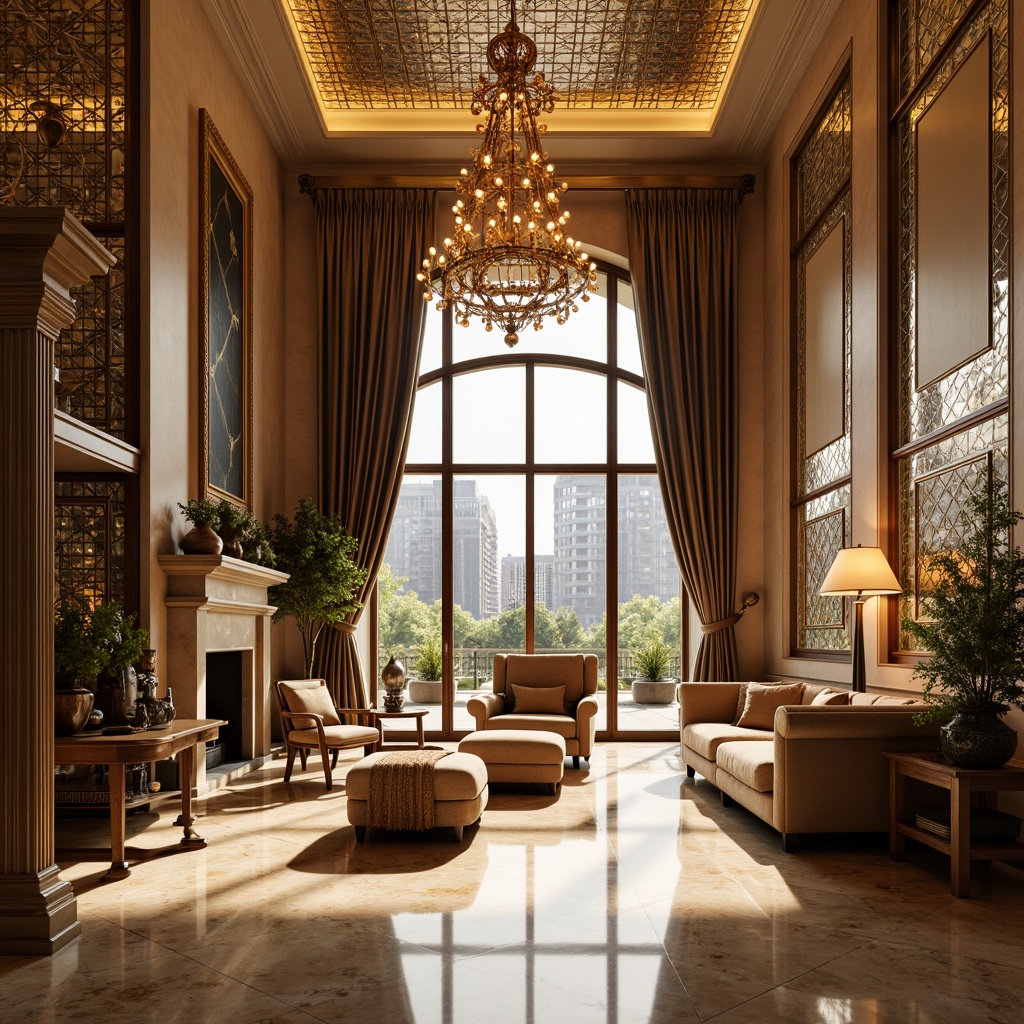 Prompt: Luxurious interior, ornate chandeliers, geometric metalwork, beveled glass panels, champagne bronze fixtures, creamy marble floors, velvet drapes, lavish furnishings, opulent textiles, glamorous ambiance, warm golden lighting, softbox shadows, 1/2 composition, symmetrical framing, realistic reflections, ambient Occlusion.