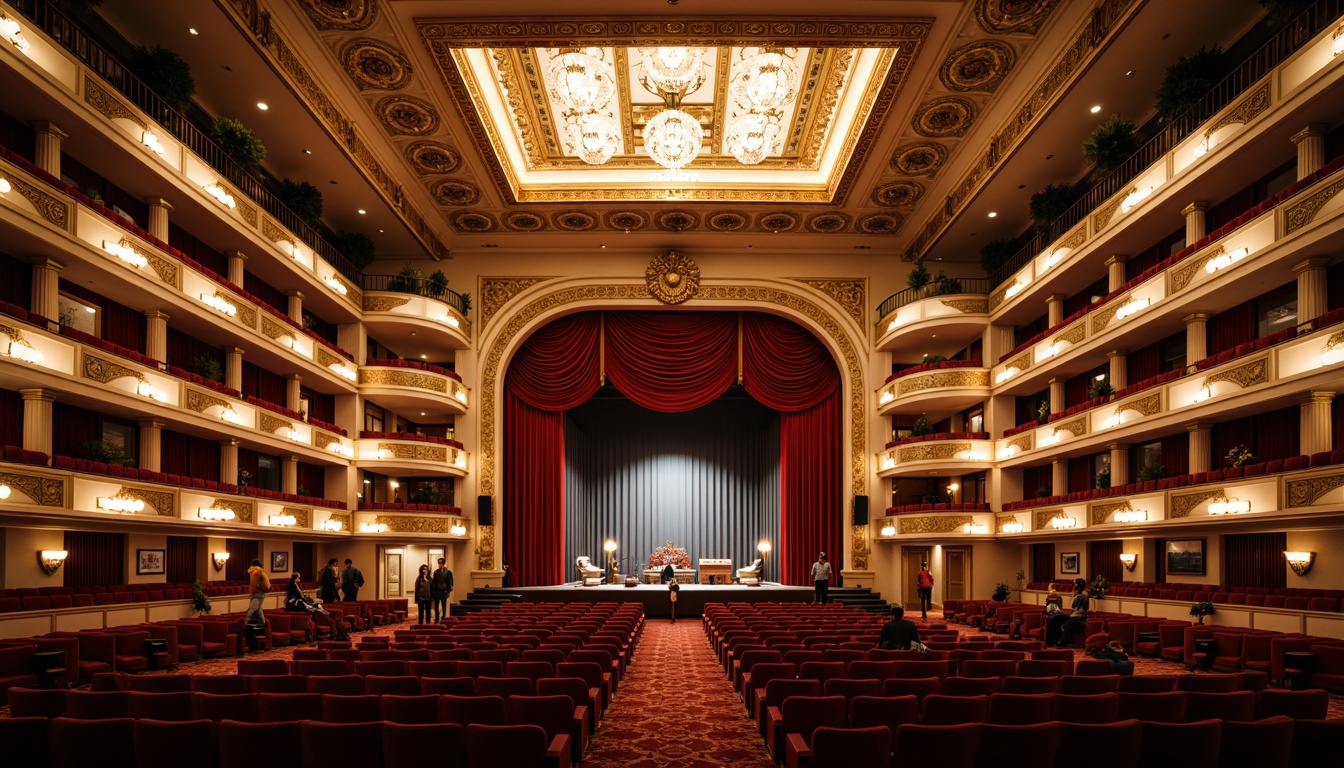 Prompt: Elegant opera house, ornate auditorium, plush red velvet seats, golden balconies, crystal chandeliers, intricate moldings, acoustic paneling, sound-absorbing materials, tiered seating, grand stage, majestic proscenium arch, rich wood tones, soft warm lighting, subtle shadows, 1/1 composition, shallow depth of field, natural textures, realistic reflections.