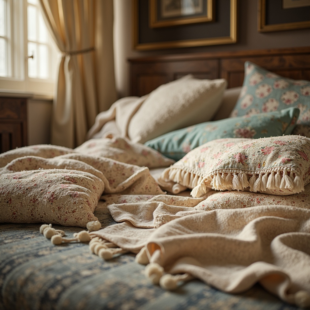 Prompt: Vintage distressed fabrics, soft pastel hues, floral patterns, lace trims, ruffled edges, linen textures, worn velvet, faded denim, rustic burlap, antique brocade, ornate tassels, subtle sheen, natural fibers, earthy tones, cozy throws, plush cushions, romantic draping, warm golden lighting, soft focus, 1/1 composition, intimate atmosphere, realistic rendering.