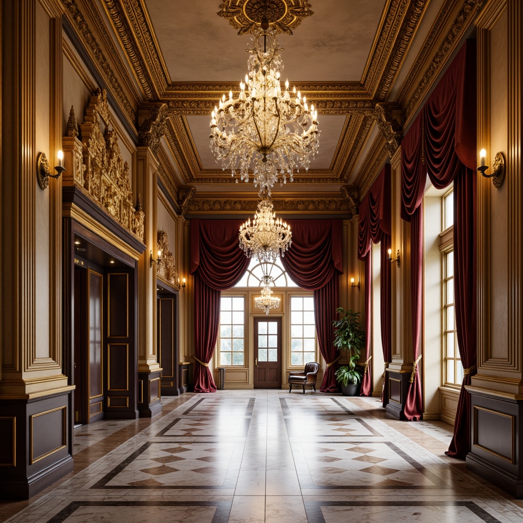 Prompt: Elegant neoclassical interior, ornate moldings, crystal chandeliers, marble floors, rich wood paneling, gilded accents, luxurious fabrics, velvet drapes, intricate carvings, stately columns, symmetrical compositions, soft warm lighting, shallow depth of field, 1/1 composition, realistic textures, ambient occlusion.