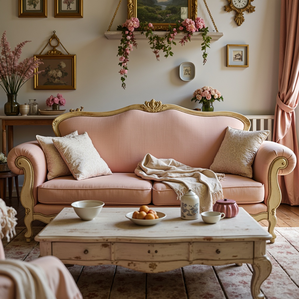 Prompt: Distressed vintage furniture, soft peach hues, muted blush tones, creamy whites, weathered wood accents, lace trimmings, floral patterns, ruffled fabrics, pastel colors, delicate porcelain, ornate metal details, warm candlelight, shallow depth of field, 1/1 composition, romantic atmosphere, whimsical textures, subtle color gradations.