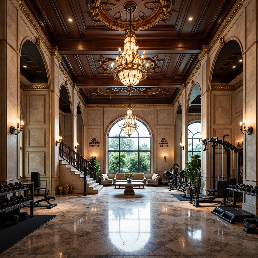 Prompt: Grandiose home gym, neoclassical columns, ornate mirrors, polished marble floors, luxurious chandeliers, rich wood accents, gilded details, majestic archways, sweeping staircases, opulent furniture, vibrant athletic equipment, state-of-the-art machines, free weights, exercise benches, motivational quotes, natural stone walls, large windows, soft warm lighting, 1/1 composition, realistic textures, ambient occlusion.