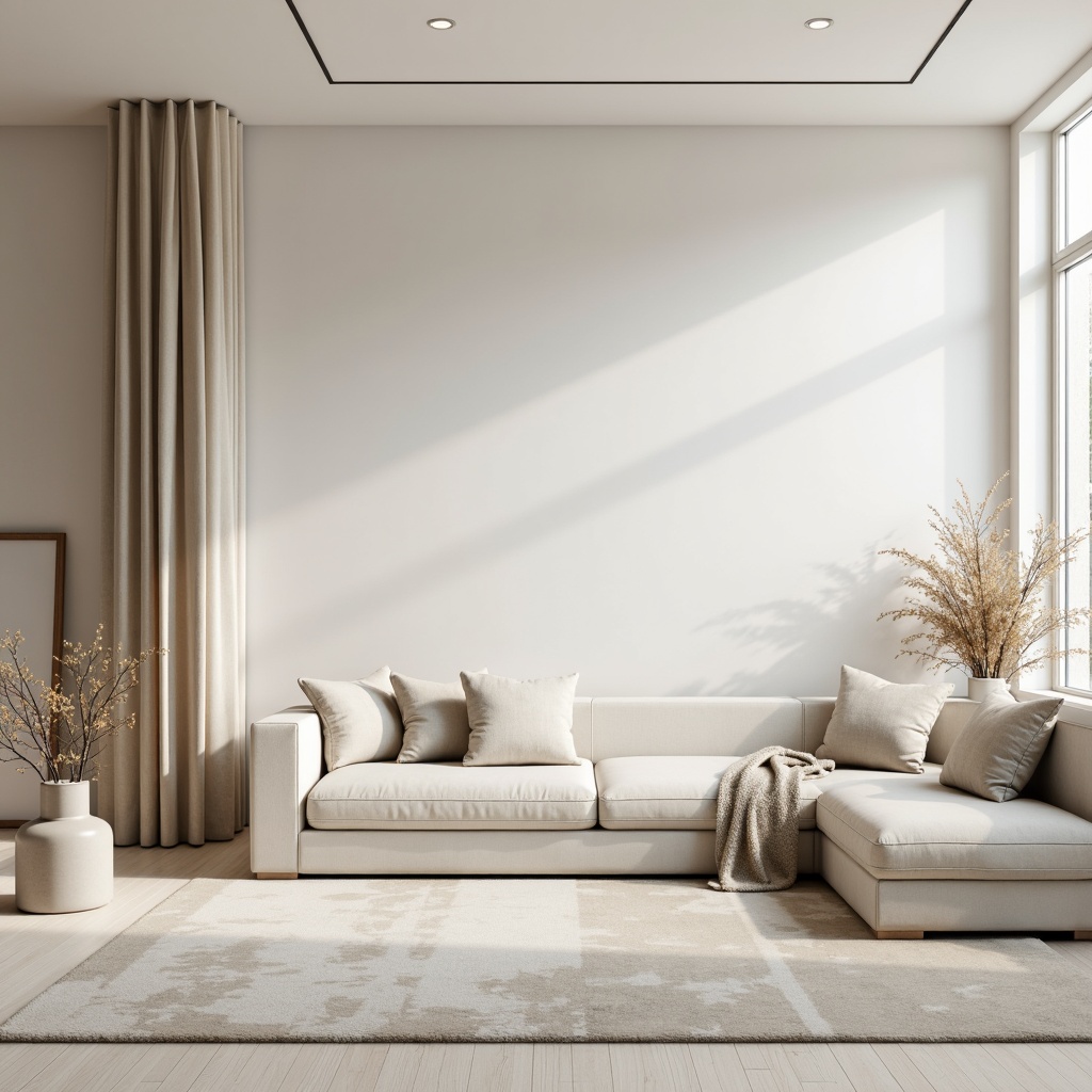 Prompt: Monochromatic neutral tones, soft pastel hues, calming whites, creamy beiges, pale grays, natural textures, subtle patterns, minimal ornamentation, sleek lines, Scandinavian-inspired design, cozy ambiance, softbox lighting, shallow depth of field, 1/1 composition, realistic renderings.