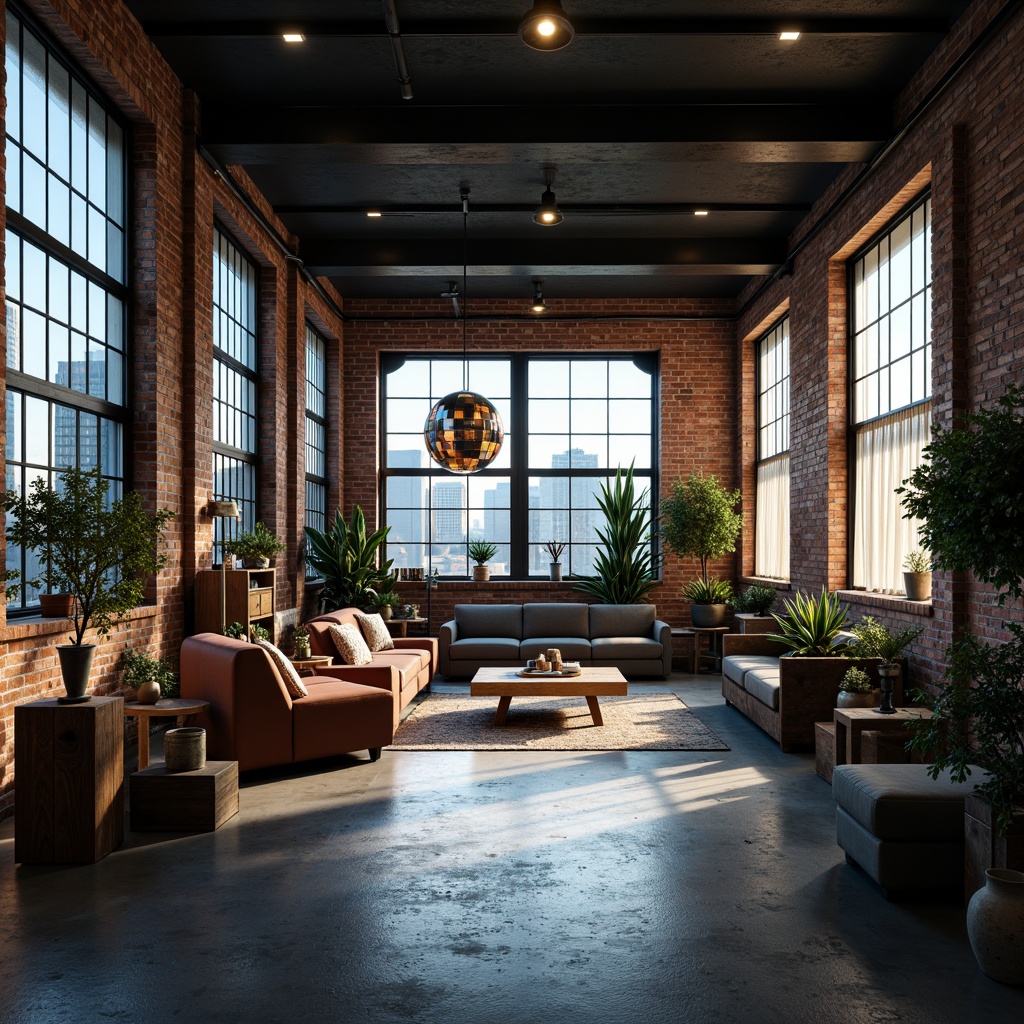 Prompt: Industrial-chic loft, exposed brick walls, metal beams, wooden floors, minimalist decor, monochromatic color scheme, rich earthy tones, deep blues, urban atmosphere, natural light pouring in, sheer curtains, eclectic furniture pieces, modern art installations, dimmable lighting, warm ambient glow, 1/1 composition, shallow depth of field, soft focus.