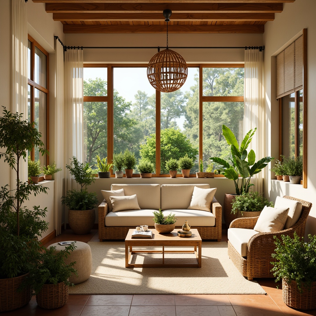 Prompt: Vibrant sunroom, bright natural light, warm beige walls, soothing greenery, lush plants, wooden accents, earthy terracotta floors, comfortable wicker furniture, soft cream cushions, delicate sheer curtains, airy atmosphere, gentle breeze, outdoor views, nature-inspired colors, calming shades, refreshing ambiance, 1/1 composition, realistic textures, subtle shadows.