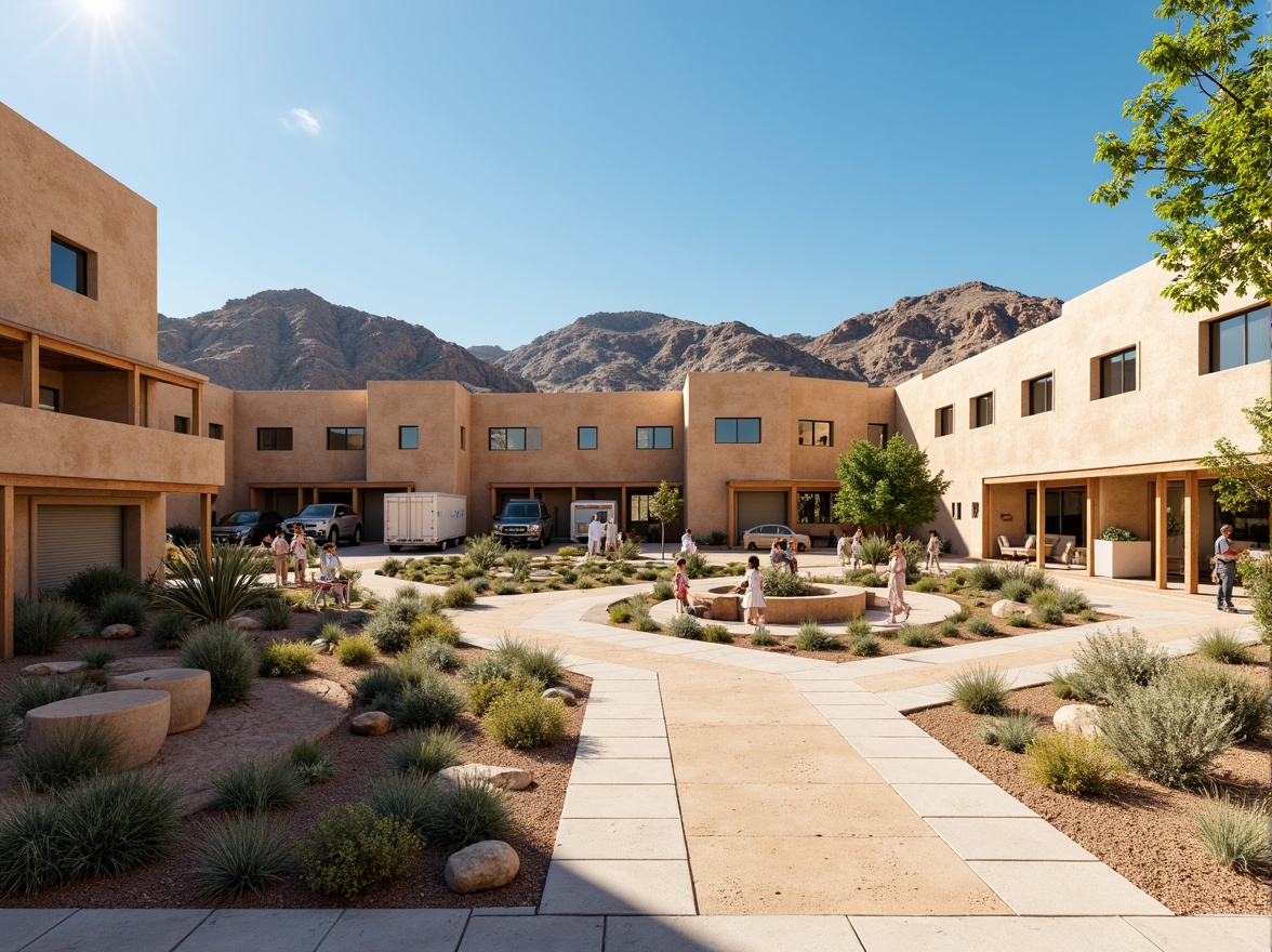 Prompt: Desert landscape, adobe-style buildings, earthy tones, warm beige walls, rustic wooden accents, vibrant turquoise accents, southwestern-inspired patterns, geometric motifs, modern industrial architecture, large warehouses, loading docks, cargo containers, shipping crates, pallet racking systems, high ceilings, natural ventilation, clerestory windows, skylights, energy-efficient lighting, minimalist design, open floor plans, flexible workspaces, collaborative areas, break rooms, employee amenities, desert flora, cacti, succulents, outdoor seating areas, shaded walkways, drought-resistant landscaping, xeriscaping, hot sunny day, clear blue sky.