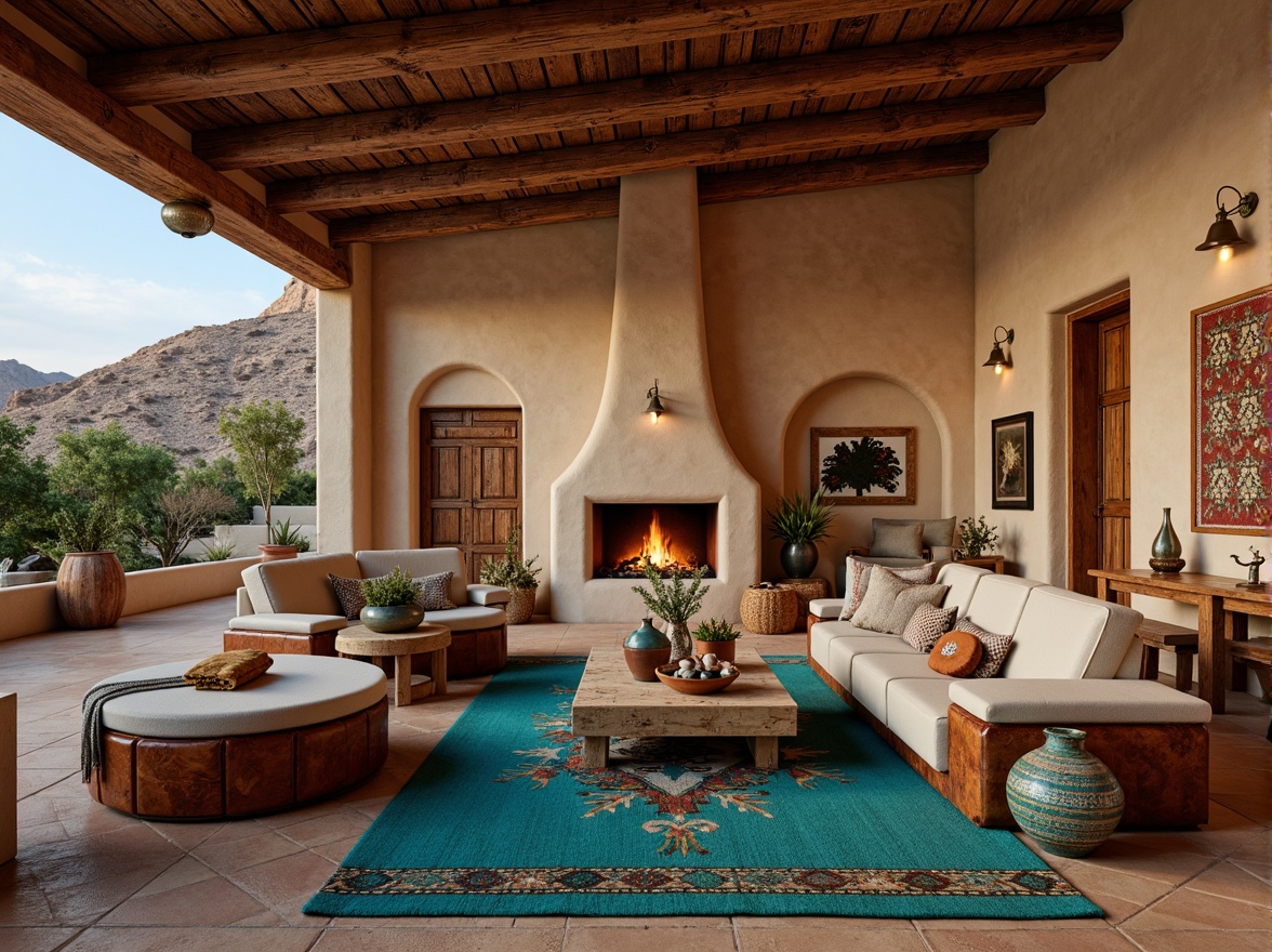 Prompt: Vibrant turquoise accents, earthy adobe walls, rustic wooden beams, woven Navajo-inspired textiles, patterned rugs, bold geometric shapes, warm candlelight, cozy seating areas, traditional Pueblo-style architecture, natural stone fireplaces, rich leather upholstery, vibrant ceramic vases, lush greenery, Southwestern landscape views, dramatic ceiling heights, eclectic art pieces, warm beige tones, soft ambient lighting, 1/1 composition, realistic textures.